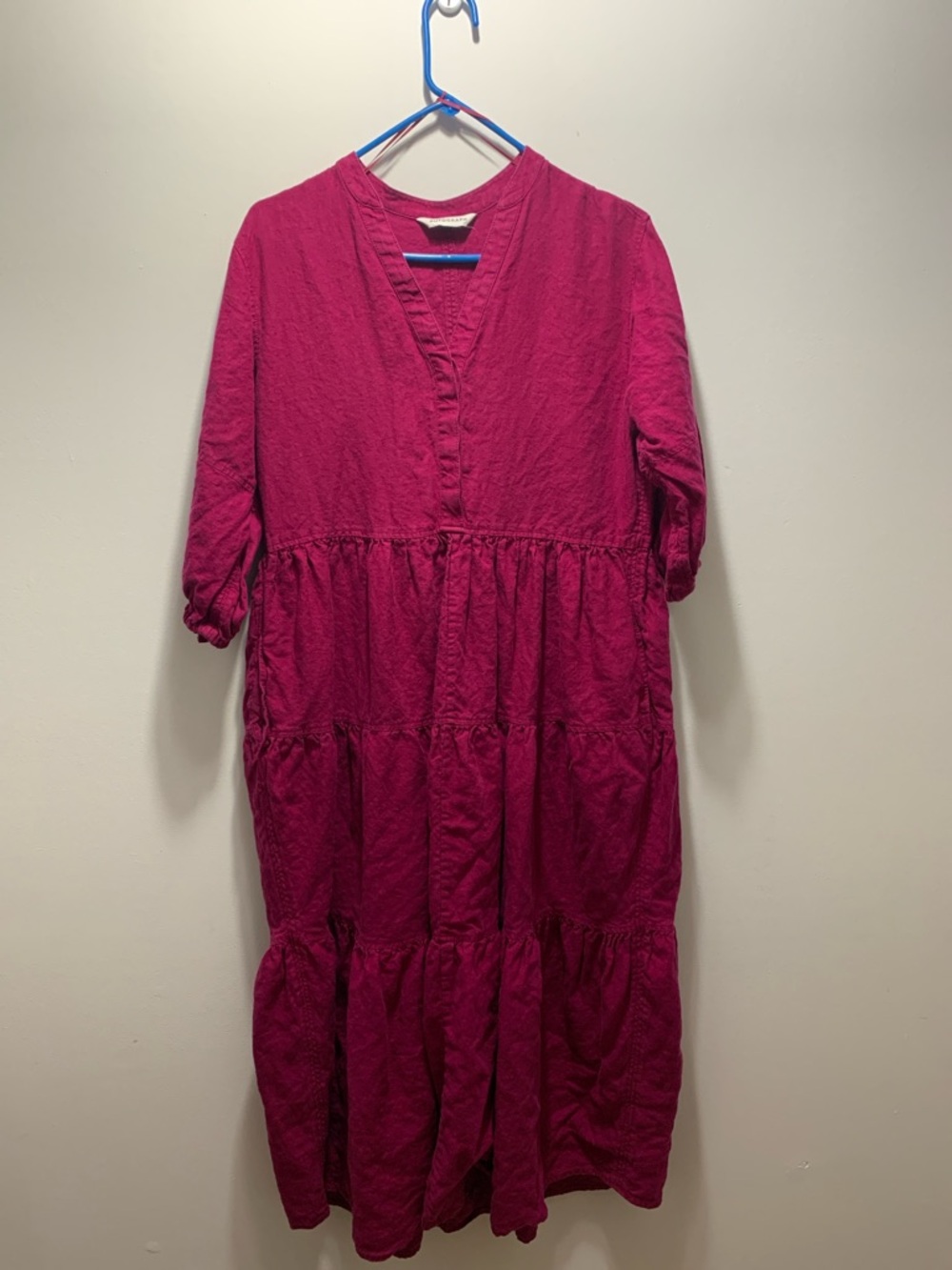 Fuchsia Linen Tiered V-Neck Dress